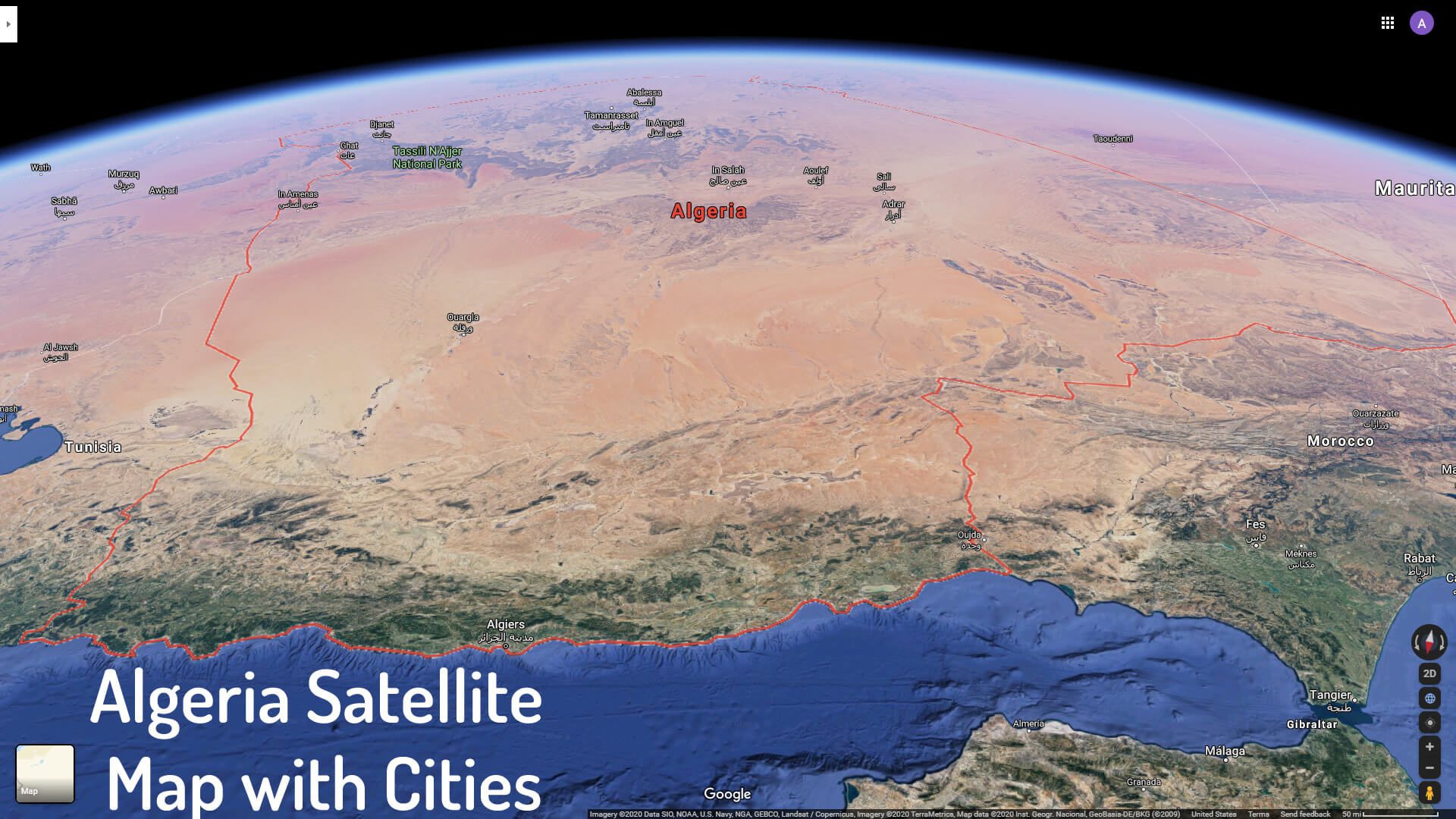 Algeria Satellite Map with Cities